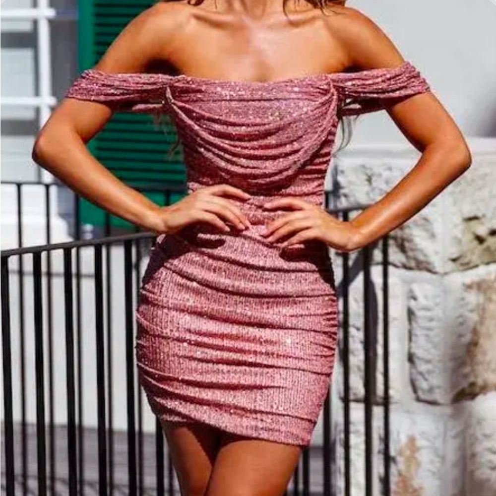 Hello Molly Shimmering Pink Off-Shoulder Mini Dress